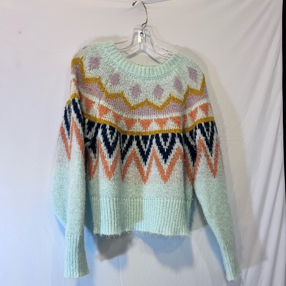 A New Day Women's Knit Sweater Geometric Blue Yellow Size Medium Retro Style